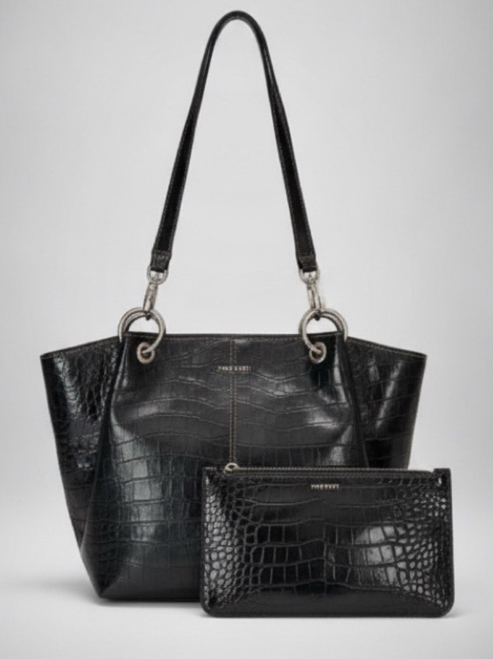 NINE WEST Faux Crocodile Patent Leather Shoulder Bag w/Matching Wristlet, Black